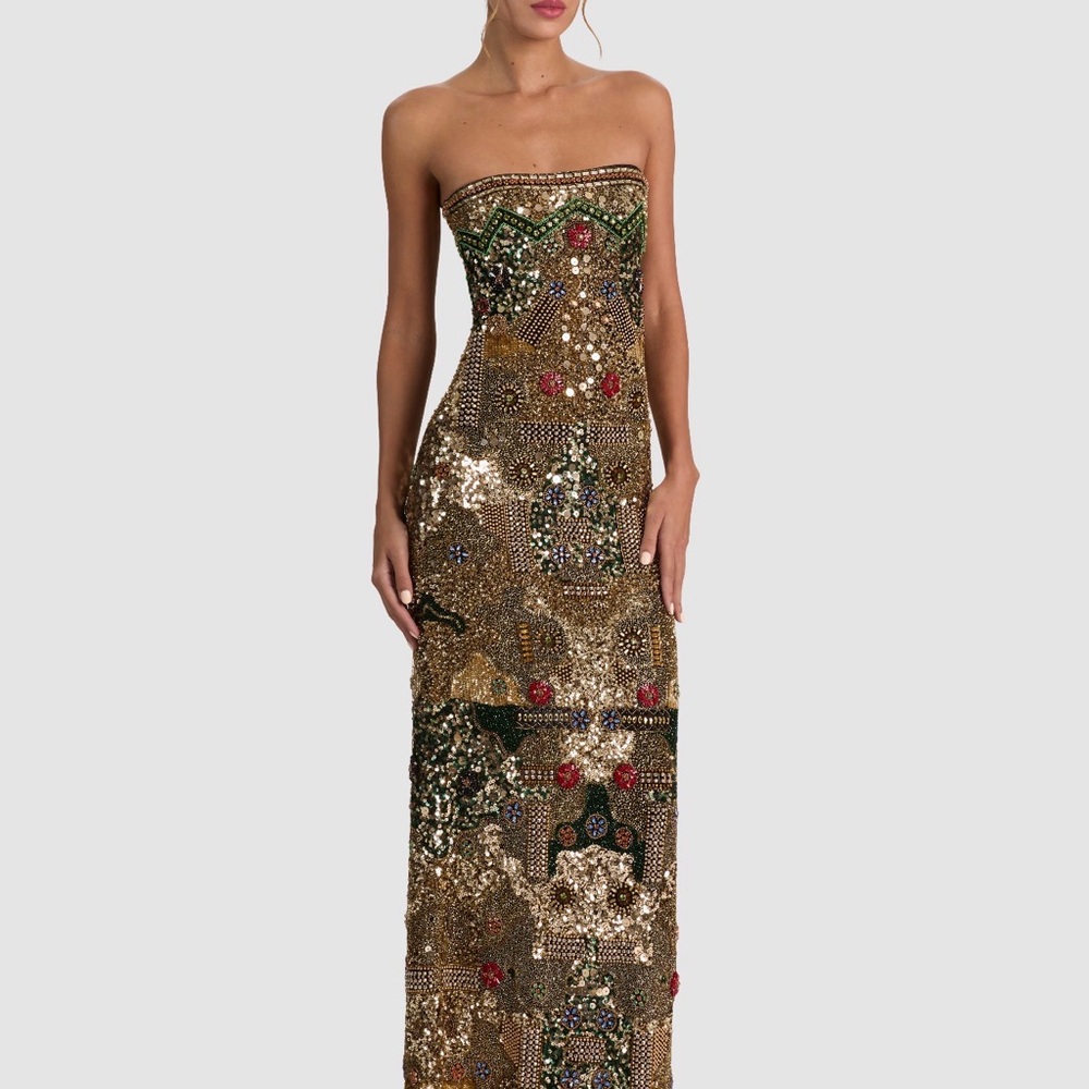Alice + Olivia Gold DELORA EMBELLISHED STRAPLESS GOWN